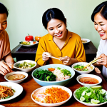 **A vibrant and healthy Vietnamese family enjoying a traditional meal together.** Focus on fresh ingredients, balanced nutrition, and the joy of sharing food in a supportive environment. This image represents individuals seeking lifestyle changes, including healthy eating and overall well-being improvements.
