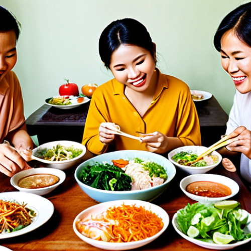 Home 15 **A vibrant and healthy Vietnamese family enjoying a traditional meal together.** Focus on fresh ingredients, balanced nutrition, and the joy of sharing food in a supportive environment. This image represents individuals seeking lifestyle changes, including healthy eating and overall well-being improvements.
