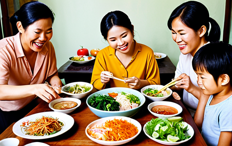 **A vibrant and healthy Vietnamese family enjoying a traditional meal together.** Focus on fresh ingredients, balanced nutrition, and the joy of sharing food in a supportive environment. This image represents individuals seeking lifestyle changes, including healthy eating and overall well-being improvements.