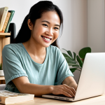 **

Prompt: "A confident Vietnamese woman, smiling warmly, sitting at a modern laptop in a cozy home office. She is surrounded by healthy cookbooks and motivational quotes. The scene emphasizes a feeling of empowerment and rediscovering her passion for health and wellness as she restarts her career as a health coach. Background includes elements of Vietnamese culture subtly - perhaps a plant, a piece of art."

**