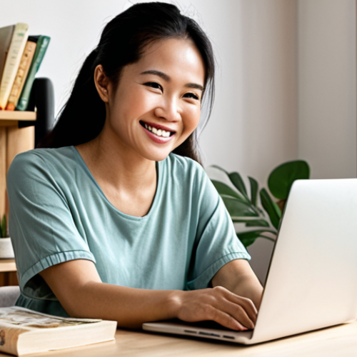 Home 14 **
Prompt: "A confident Vietnamese woman, smiling warmly, sitting at a modern laptop in a cozy home office. She is surrounded by healthy cookbooks and motivational quotes. The scene emphasizes a feeling of empowerment and rediscovering her passion for health and wellness as she restarts her career as a health coach. Background includes elements of Vietnamese culture subtly - perhaps a plant, a piece of art."
**