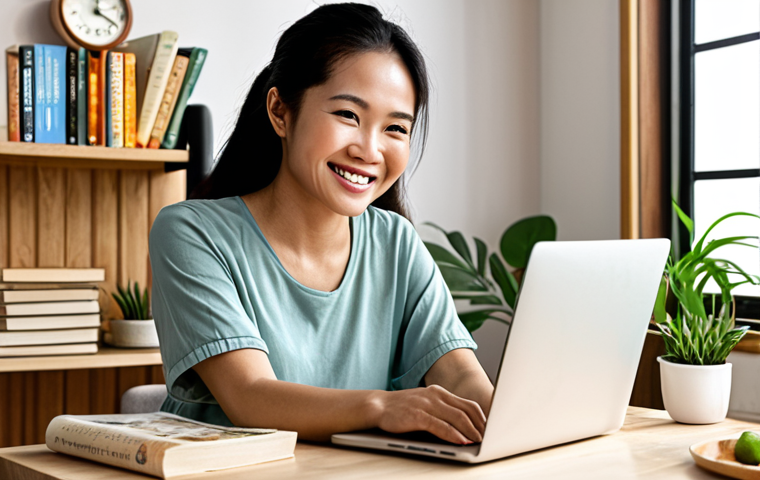 **

Prompt: "A confident Vietnamese woman, smiling warmly, sitting at a modern laptop in a cozy home office. She is surrounded by healthy cookbooks and motivational quotes. The scene emphasizes a feeling of empowerment and rediscovering her passion for health and wellness as she restarts her career as a health coach. Background includes elements of Vietnamese culture subtly - perhaps a plant, a piece of art."

**