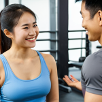 **

A Vietnamese personal trainer smiling warmly, listening attentively to a client in a modern, bright gym. The client is explaining something, and the trainer is making eye contact, demonstrating empathy and understanding. Focus on a friendly, supportive atmosphere.

**
