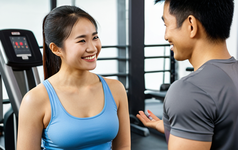 **

A Vietnamese personal trainer smiling warmly, listening attentively to a client in a modern, bright gym. The client is explaining something, and the trainer is making eye contact, demonstrating empathy and understanding. Focus on a friendly, supportive atmosphere.

**