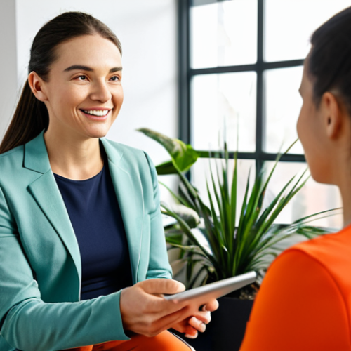 Home 23 A friendly professional female health coach and a calm female client are seated comfortably, discussing a personalized health plan. The coach is showing something on a tablet screen, pointing gently. The setting is a bright, modern wellness studio with natural light and green plants in the background. Both are fully clothed in professional, modest, appropriate attire. The coach wears a smart casual blazer, the client wears comfortable, neat activewear. The mood is supportive, collaborative, and positive. High-resolution, professional photography, soft lighting, sharp focus, perfect anatomy, correct proportions, natural pose, well-formed hands, proper finger count, natural body proportions, safe for work, appropriate content, fully clothed, professional, modest.