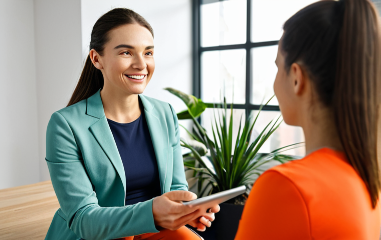 A friendly professional female health coach and a calm female client are seated comfortably, discussing a personalized health plan. The coach is showing something on a tablet screen, pointing gently. The setting is a bright, modern wellness studio with natural light and green plants in the background. Both are fully clothed in professional, modest, appropriate attire. The coach wears a smart casual blazer, the client wears comfortable, neat activewear. The mood is supportive, collaborative, and positive. High-resolution, professional photography, soft lighting, sharp focus, perfect anatomy, correct proportions, natural pose, well-formed hands, proper finger count, natural body proportions, safe for work, appropriate content, fully clothed, professional, modest.