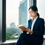 A focused professional, appearing calm and reflective, sitting in a modern high-rise office building in a bustling city like Ho Chi Minh City or Hanoi. The person is dressed in modest business attire, perhaps gently closing their eyes in a moment of mindfulness or holding a journal, embodying serenity amidst urban life. Sunlight streams through a large window, revealing a subtle city skyline in the soft focus background. The atmosphere is serene and balanced, symbolizing effective stress management.
    fully clothed, appropriate attire, safe for work, perfect anatomy, correct proportions, natural pose, professional photography, high quality, well-formed hands, proper finger count, natural body proportions, appropriate content, family-friendly.