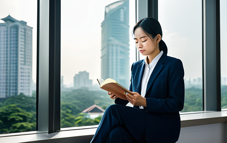 A focused professional, appearing calm and reflective, sitting in a modern high-rise office building in a bustling city like Ho Chi Minh City or Hanoi. The person is dressed in modest business attire, perhaps gently closing their eyes in a moment of mindfulness or holding a journal, embodying serenity amidst urban life. Sunlight streams through a large window, revealing a subtle city skyline in the soft focus background. The atmosphere is serene and balanced, symbolizing effective stress management.
    fully clothed, appropriate attire, safe for work, perfect anatomy, correct proportions, natural pose, professional photography, high quality, well-formed hands, proper finger count, natural body proportions, appropriate content, family-friendly.