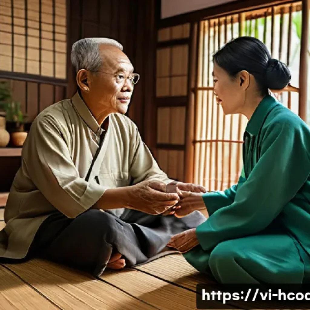 건강코칭에서의 문화적 감수성 - A Vietnamese traditional health consultation scene showing a middle-aged female healthcare professio...
