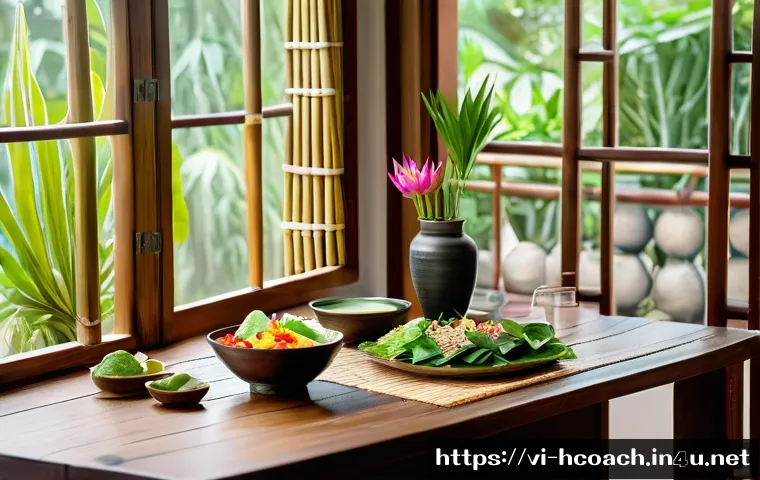 건강코칭과 긍정적 사고 훈련 - A bright and cozy Vietnamese kitchen scene featuring a balanced meal on the table: fresh green leafy...