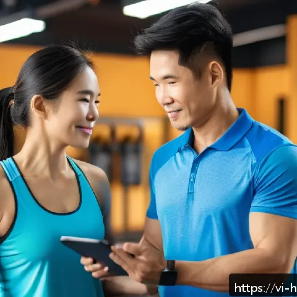건강코칭 면접에서 묻는 질문과 답변 - A professional Vietnamese health coach in a modern fitness studio, attentively listening to a middle...