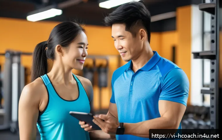 건강코칭 면접에서 묻는 질문과 답변 - A professional Vietnamese health coach in a modern fitness studio, attentively listening to a middle...