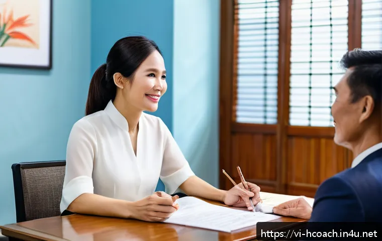 건강코칭 전문가의 커뮤니케이션 팁 - A professional health coach in a modern, softly lit Vietnamese office setting, attentively listening...