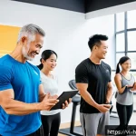 Home 21 건강코칭 프로그램 가격 책정 - A vibrant Vietnamese fitness studio scene showcasing a diverse group of clients with various income ...