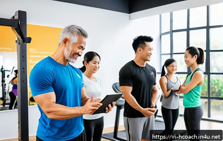 건강코칭 프로그램 가격 책정 - A vibrant Vietnamese fitness studio scene showcasing a diverse group of clients with various income ...