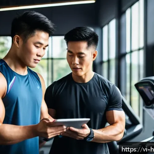 Home 32 건강코칭과 운동 처방의 연계성 - A professional personal health consultation scene in a modern Vietnamese gym, featuring a young adul...