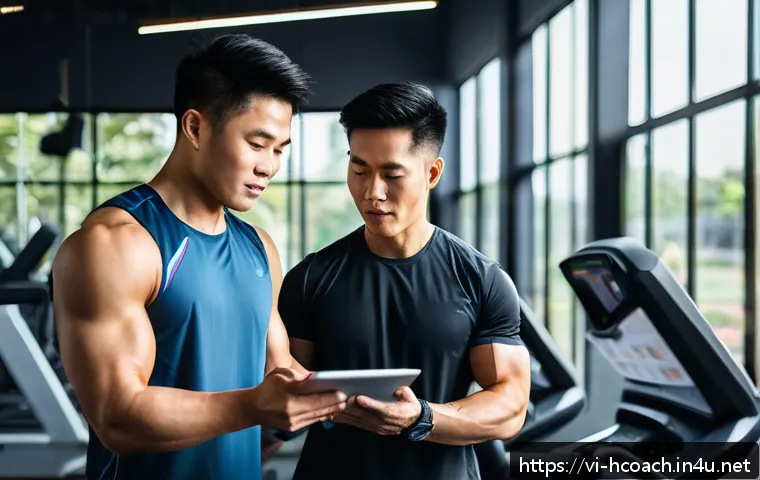 건강코칭과 운동 처방의 연계성 - A professional personal health consultation scene in a modern Vietnamese gym, featuring a young adul...