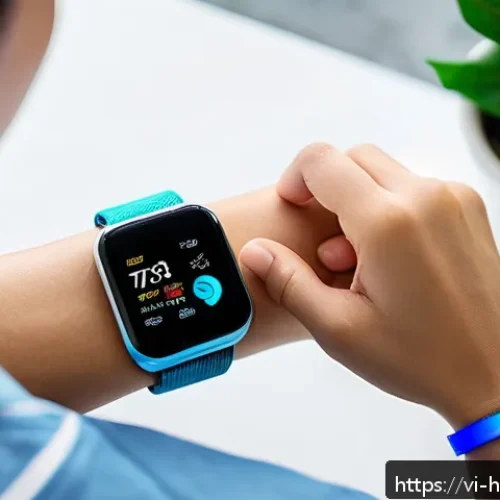 Home 31 건강코칭에서 데이터 기반 접근법 - A detailed close-up of a Vietnamese young adult wearing a modern smart wristband, actively checking ...