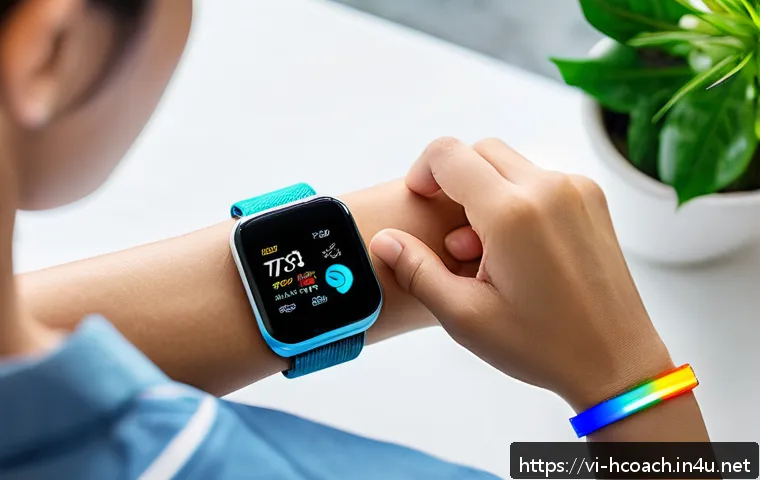 건강코칭에서 데이터 기반 접근법 - A detailed close-up of a Vietnamese young adult wearing a modern smart wristband, actively checking ...