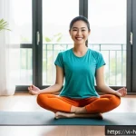 Home 18 건강코칭 사례별 문제 해결 방식 - A Vietnamese woman in casual athletic wear, smiling warmly while sitting cross-legged on a yoga mat ...