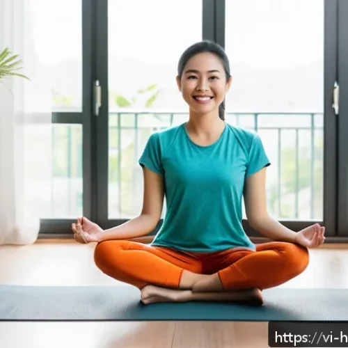 Home 30 건강코칭 사례별 문제 해결 방식 - A Vietnamese woman in casual athletic wear, smiling warmly while sitting cross-legged on a yoga mat ...