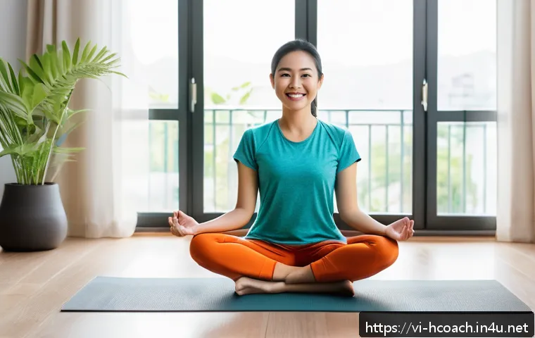 건강코칭 사례별 문제 해결 방식 - A Vietnamese woman in casual athletic wear, smiling warmly while sitting cross-legged on a yoga mat ...