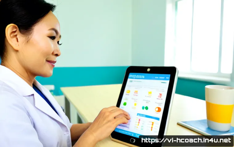 건강코칭과 전자 건강 기록 관리 - Photorealistic Vietnamese health coach in a bright modern clinic, warmly guiding a middle-aged Vietn...